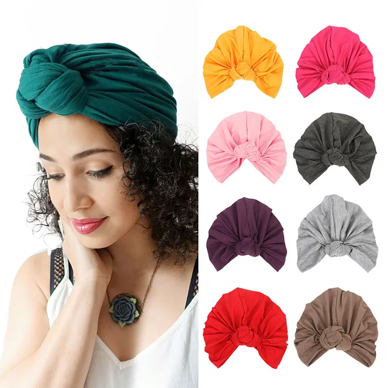

New Women knitted Cap Fashion Boho Soft Hair Accessories Turban Solid Color Indian hat Spring Autumn Cotton female Muslim hat