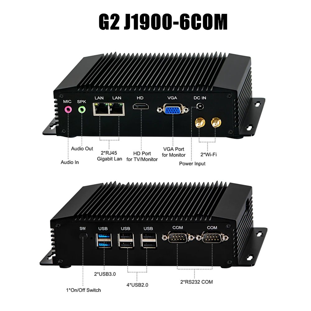 2019 Industrial Fanless Mini PC Intel i7 i5 J1900 2*Intel Lans 6/2 COM USB Micro Computer Linux 3G