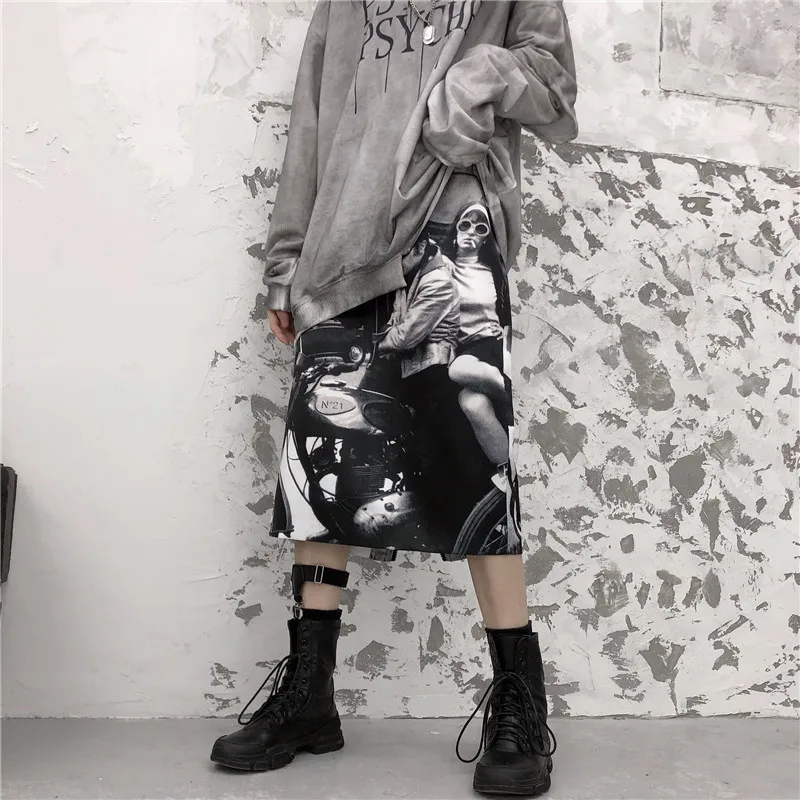 Neploe/женские юбки трапециевидной формы с принтом в виде персонажа Harajuku, юбка стрейч с высокой талией, тонкая молния сзади, раскол, Сексуальная японская Falda 54717