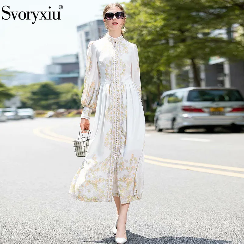 

Svoryxiu Runway Autumn Winter Lantern Sleeve Long Dress Women's Elegant Stand Collar Flower Printed Single-Breasted Maxi Dresses