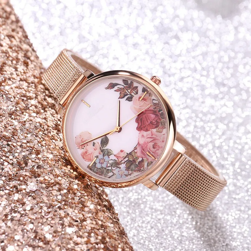 Tasa de descuento Reloj de pulsera de acero inoxidable con flores para mujer, pulsera femenina de lujo llKD0BkYo