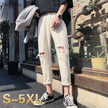 

Men Jeans Summer Holes Plus Size 5XL Loose Oversize Hip-hop Ankle-length Mens Straight Denim Trousers Teens Washed Stylish Chic
