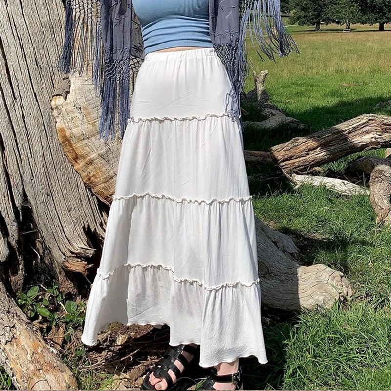 

Chic Women Pleated Long Skirts Holiday Party White Frill High Waist Maxi Skirt Fairycore Grunge Retro Bottom Elegant Lady