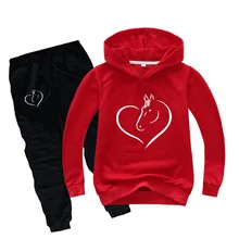 От 2 до 16 лет, детская одежда, одежда для подростков, девочек, комплект с изображением героев из мультфильмов, с лошадкой принт состоящие из кофты с капюшоном и штанов, 2 предмета в комплекте, спортивный костюм для детей, одежда для осени, для детей