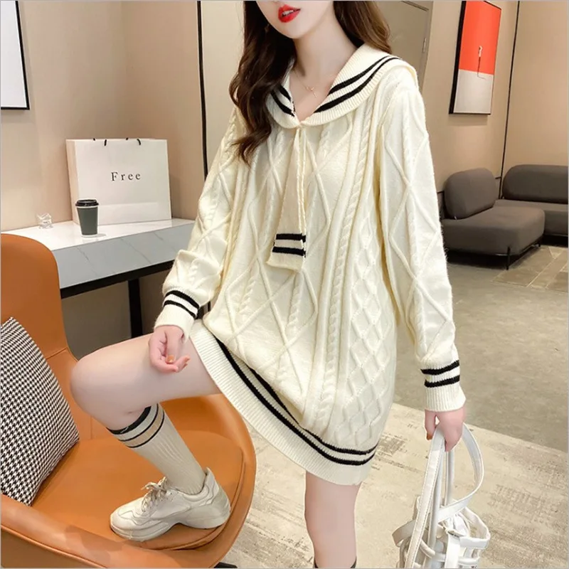 Mid-length sweater 2021 new women loose outer wear navy style Korean Western autumn knitted dress trend | Женская одежда