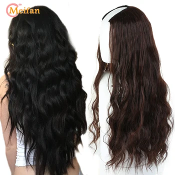 

MEIFAN U-Shaped Half Head Wavy Wigs for Women 24" Clip in Hair Extension Synthetic Natural False Hairpieces Invisible Black Wig