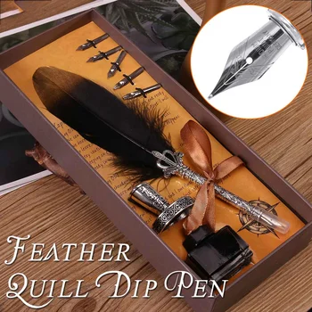 

English Retro Feather Pen Set Vintage Advertising Gift ink Pen Dip Water Metal Fountain Pen Set with 5 Nibs for Christmas Gift