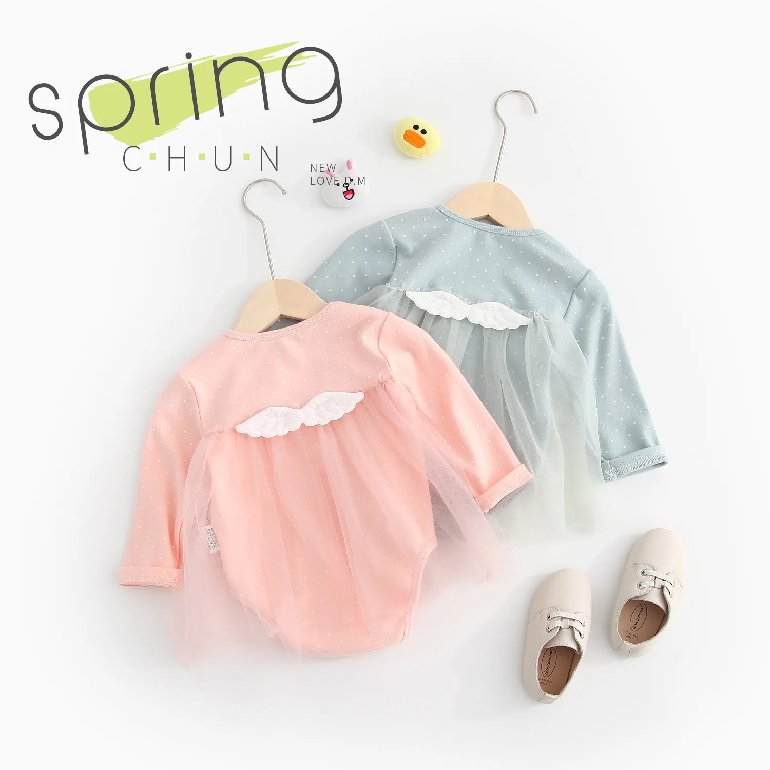 

Childrenswear 2019 Baby Men And Women Children Sweet Wing Contrast Color Gauze Onesie Crawling Clothes Dl001