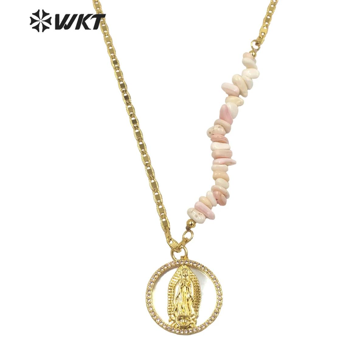 

WT-MN977 WKT Autumn Design Elegant Pink Gravel Shell Beads Combine Chain Religious Necklace Gold Bezel Shell Christian Mary