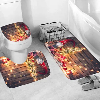 

Christmas Themed Shower Curtain Bathroom Mat Pad Non-slip Printing Bathtub Drape Holiday Decoration