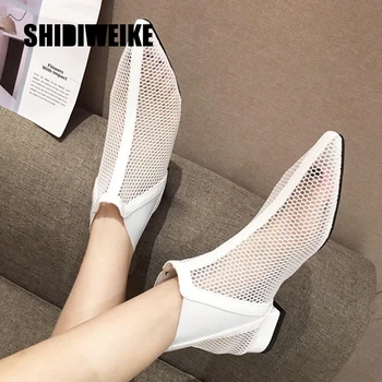 

Women Ankle Boots Casual Low Heel Pointed Toe White Booties Fashion Mesh High Heel Boots Womens Fall Boots Q980