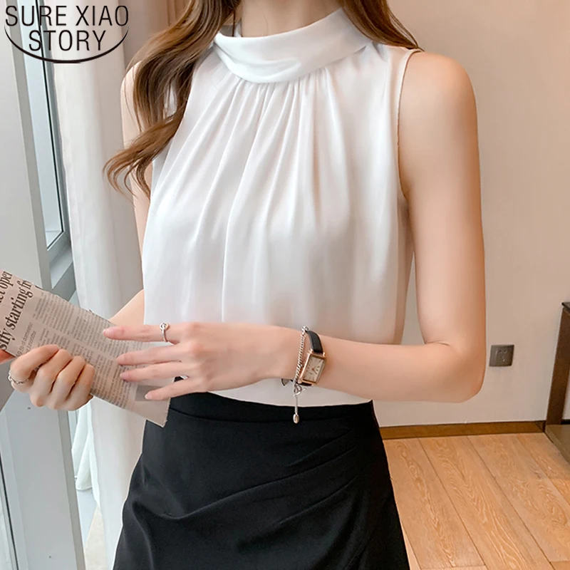 Blusa blanca sin mangas para mujer, camisa de Chifón con cuello alto lazo la espalda, para oficina, 2022|Blusa| AliExpress