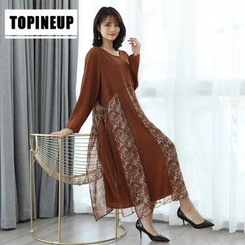 

2020 Womens Spring Retro Round neck long sleeves large printing splicing mesh loose dress