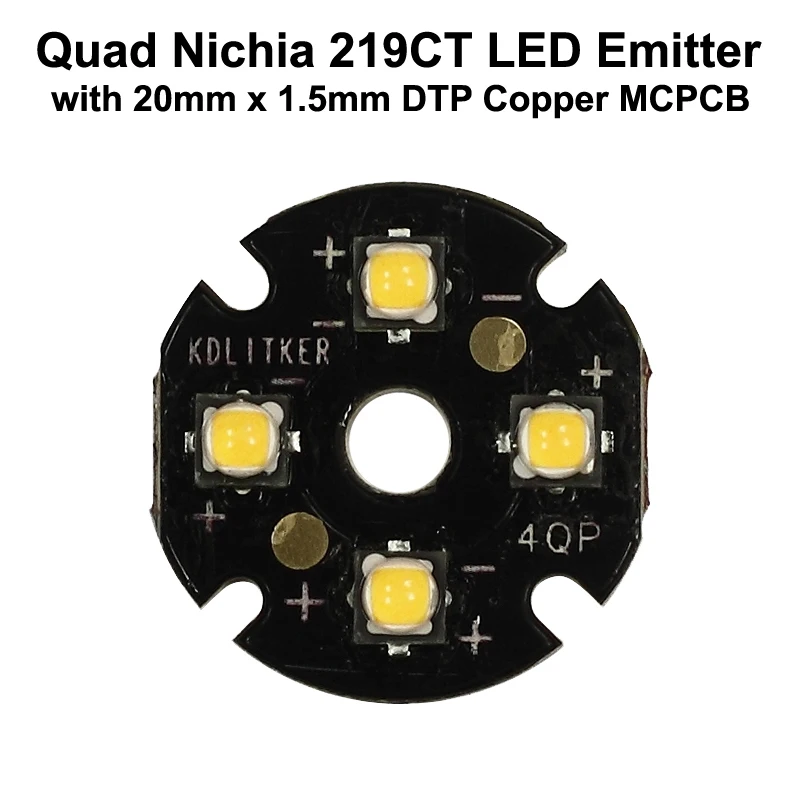 Светодиодный излучатель Quad Nichia 219CT с KDLITKER 20 мм x 1 5 DTP Copper MCPCB (параллельно) оптикой |