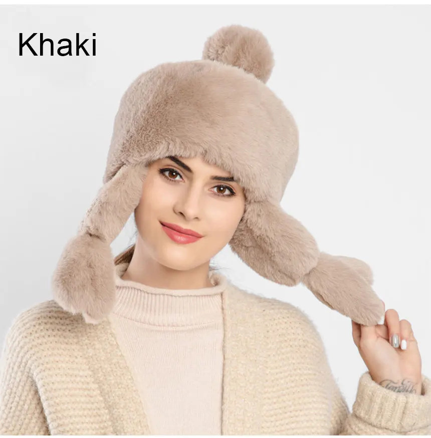 Khaki Женская шапка из искусственного меха,, высокое качество, зимние вязаные шапки для женщин, теплая хлопковая вязаная меховая шапка, шапка-ушанка с градиентом - Цвет: Khaki