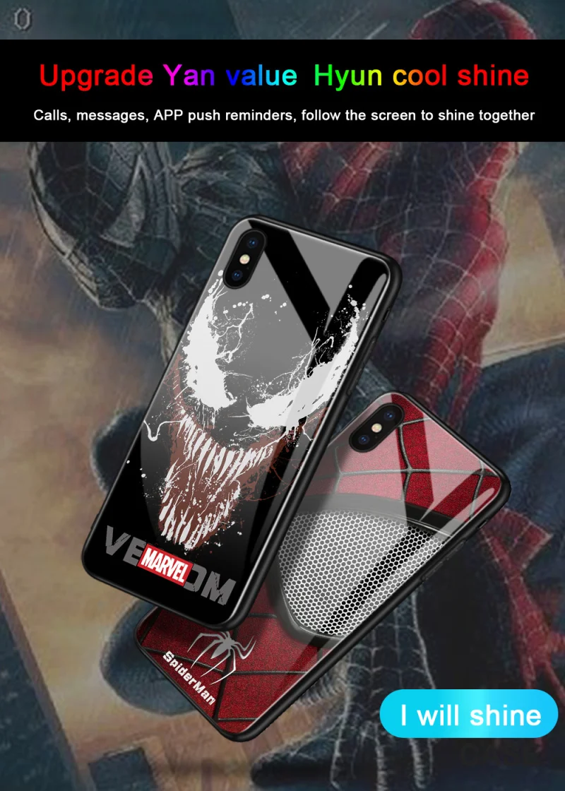 

NEW Marvel Spiderman venom Tempered Glass Phone Case for iPhone 6s 7 8PLUS XS MAX have LED flash Luxury Glass Case Phone Cover
