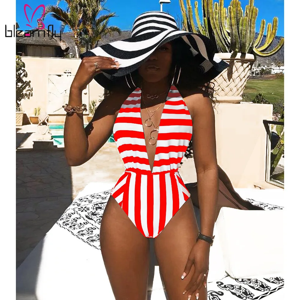 New Fashion Women Strip Sleeveless Deep V-neck Striped Beach Sexy Party Club Bodysuit Outfit