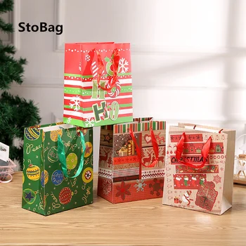 

StoBag 10pcs Red/Green Christmas Paper Gift Bags Ticken Food Snacks Package Supplies Tote Bags Party Baby Show Cake Decorating