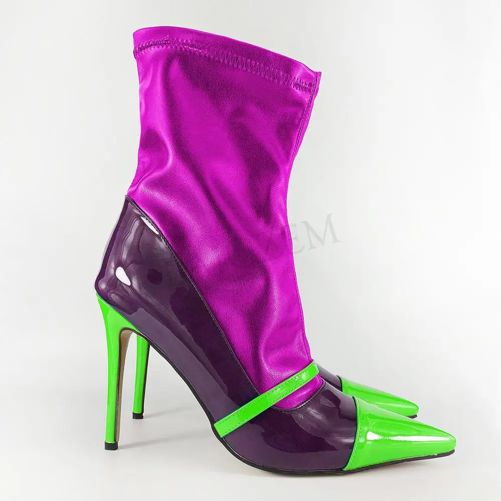 Purple-Green LAIGZEM/ г.; Женские ботинки в стиле пэчворк; ботинки на шпильке с боковой молнией; ботинки контрастного цвета; модная обувь; женская обувь; botas mujer; размер 45, 46, 47 - Цвет: Purple-Green
