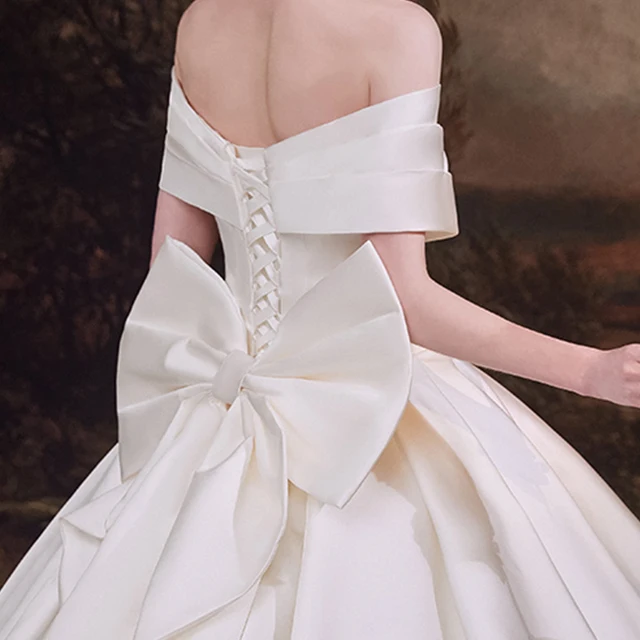 LDR50 White French Satin Light New Wedding Dress Bridal Dress Simple Temperament Off-shoulder 2021 Back Bow Women robe de mariée 6