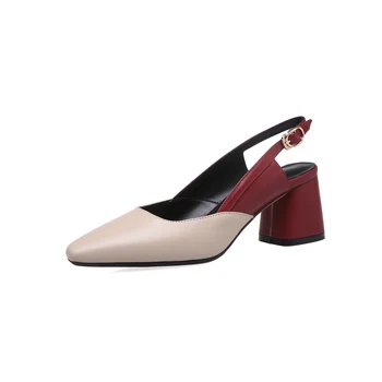 

2020 Genuine leather Hollow women Sandals Square Heel Buckle Women Shoes Open-toed Summer Concise Women Pumps wedding