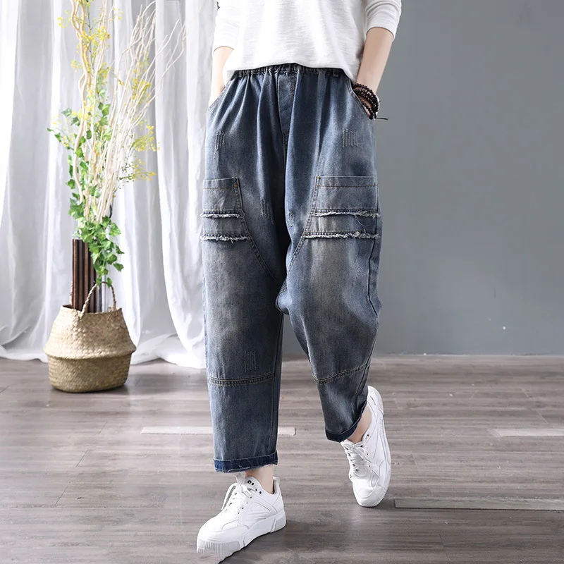 Винтажные нашивки джинсы деним эластичная талия крест брюки свободные прямые удобные брюки женские осень A0B2 Z40