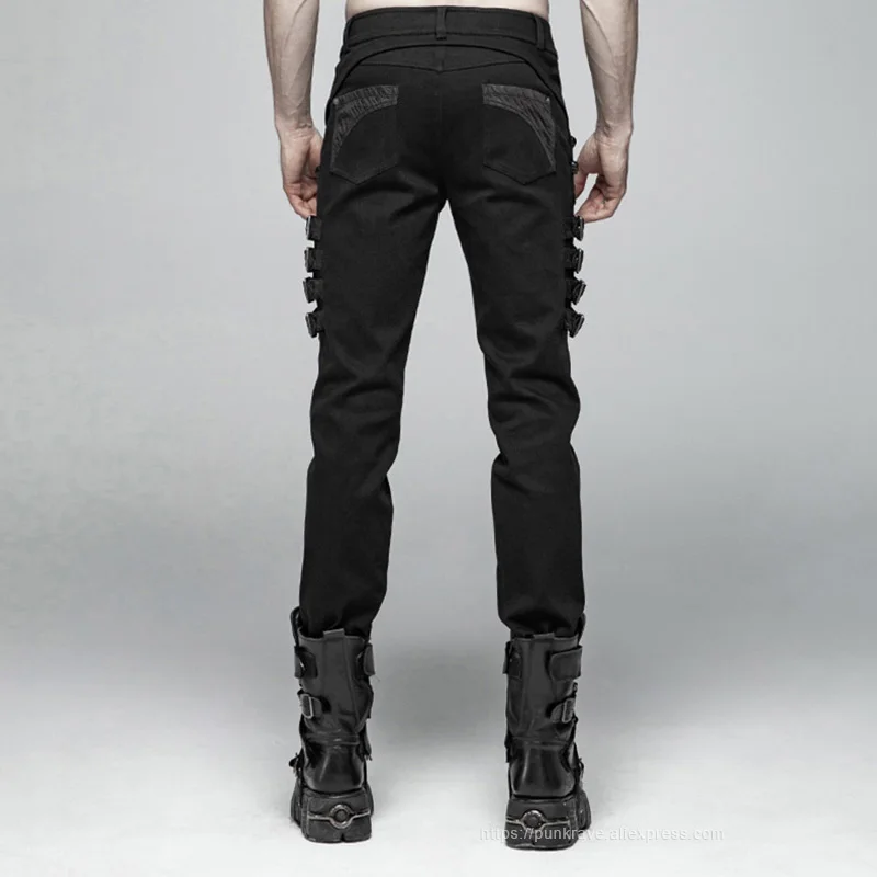 US $109.19 PUNK RAVE Black Punk Metal Personality SlimFitting Cowboy Mens Elastic Trousers Rock Fashion Casual Ghost Head Rivet Pants