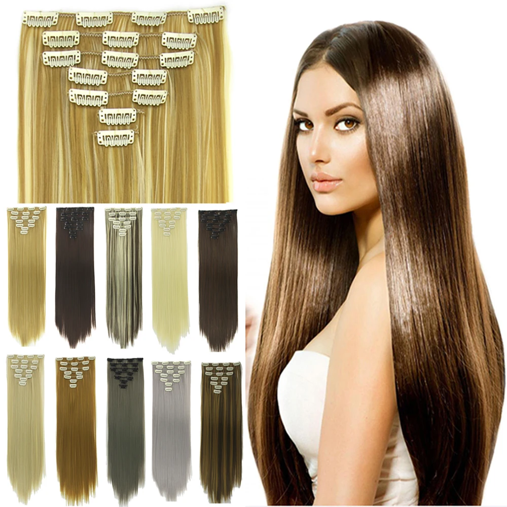 

Soowee 7pcs/set Long Straight Gray Blonde Hairpieces Synthetic Hair Extensions Clip-in Full Head Mega Hair Accessories Headwear