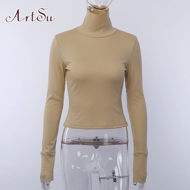 ArtSu, женские зимние рубашки, Femme, с длинным рукавом, базовая футболка, с воротником-стойкой, черная, женская футболка, топы, уличная одежда, ASTS21339 - Цвет: Хаки