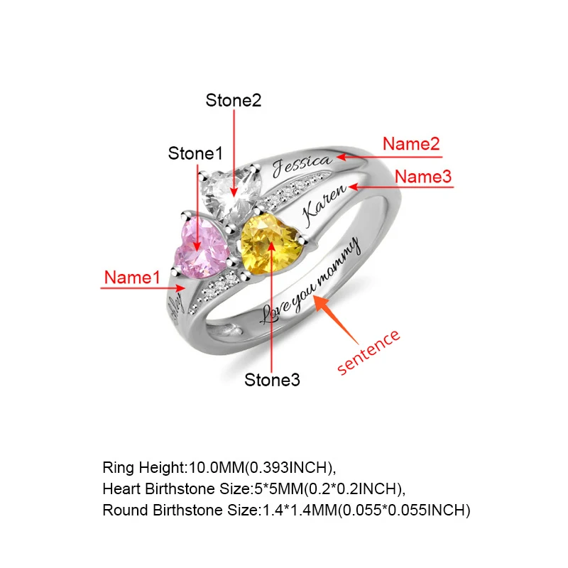 Новые персонализированные настройки 925 пробы серебро выгравированы 2-5 в форме сердца кольцо с камнем рождения на заказ ювелирные изделия День Матери