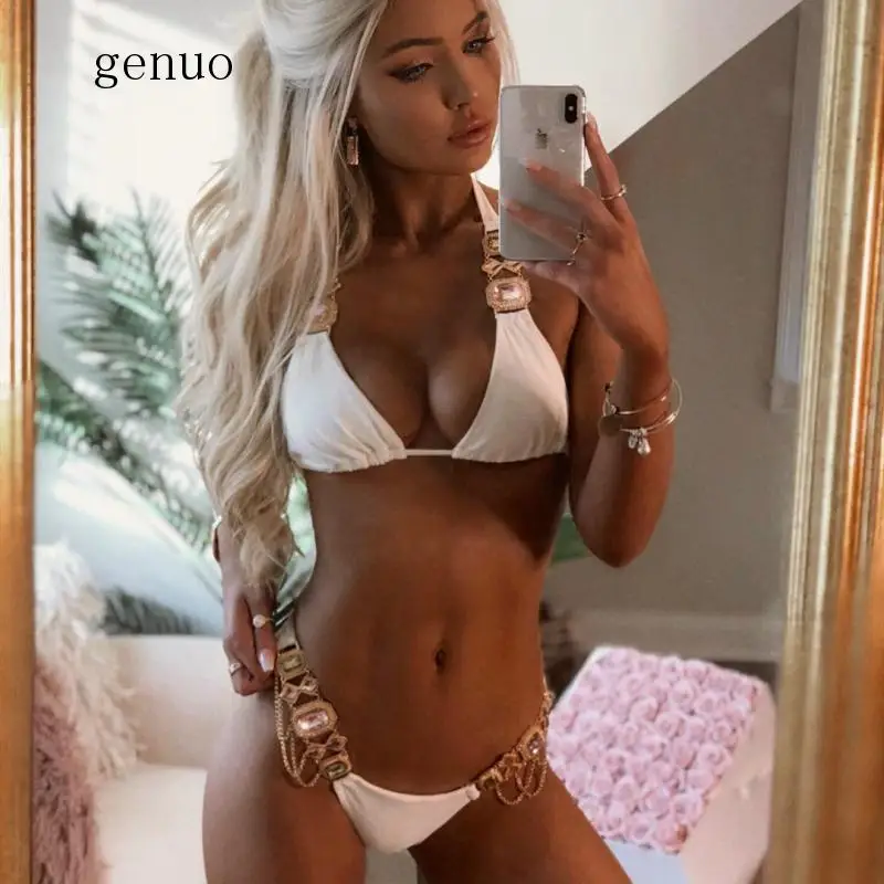 

Yellow Crystal Bikinis Sexy Halter Swimwear Women Bathing Suits Rhinestone Luxury Diamond Swimsuit Women Bikini Set