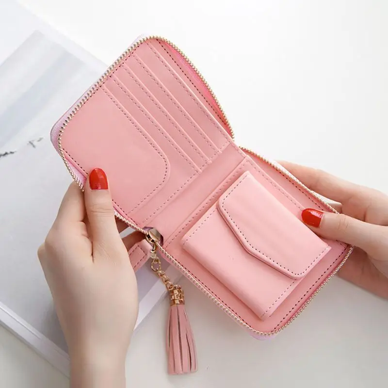Fashion Leather Short Wallet Tassel Small Change Bag Zipper Wallet Ladies Coin Purse