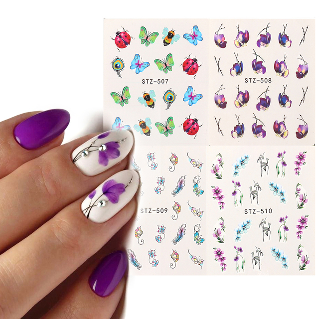 Leaf Vine Stickers For Nails Fashion Purple Flowers Water Sliders Butterfly Geometry Nail Art Decals Set LASTZ888-STZ891
