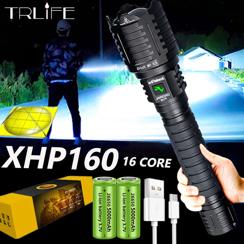 Most Bright XHP160 P100 LED Flashlight USB Rechargeable Zoom Torch Light Battery 