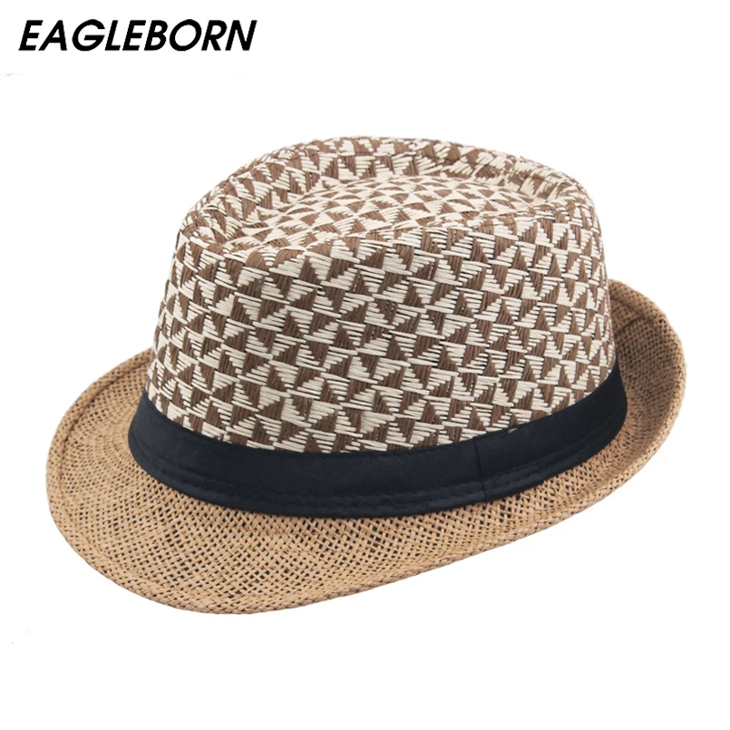 

Classic Male Fedora Straw Hat Sun Protection Summer Beach Panama Hats for Women Trilby Cap Man Jazz Hat Party Triangle Lattice
