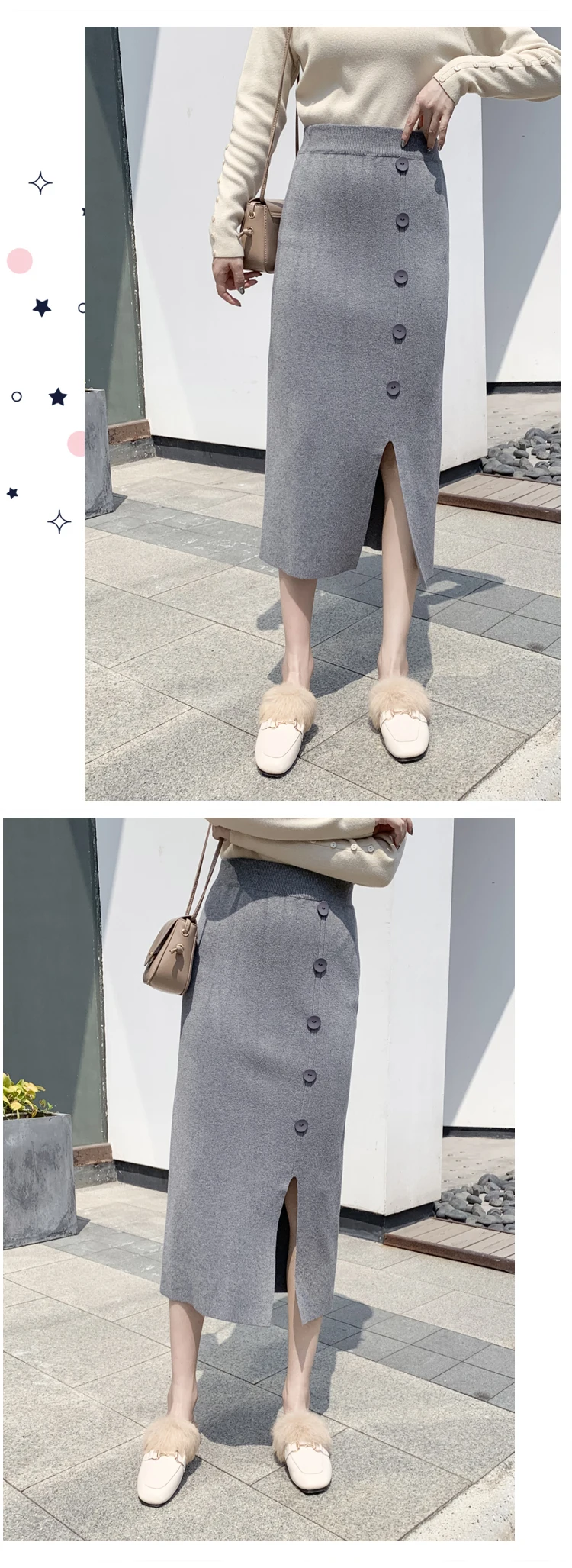 Knitting Cotton Women Korean Skirt Straight Button Knit Women Long Skirt High Waist Winter Skirt