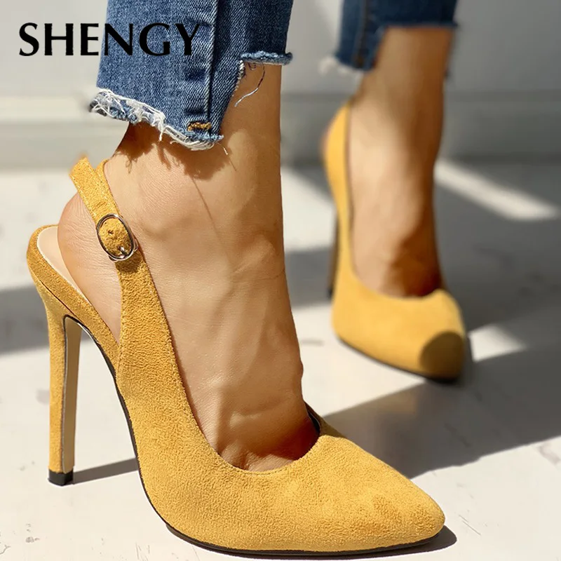 

New Women Summer Ankle Strap Sandals 10cm Thin High Heels 8cm Pointed Flock Pumps Office Party Shoes