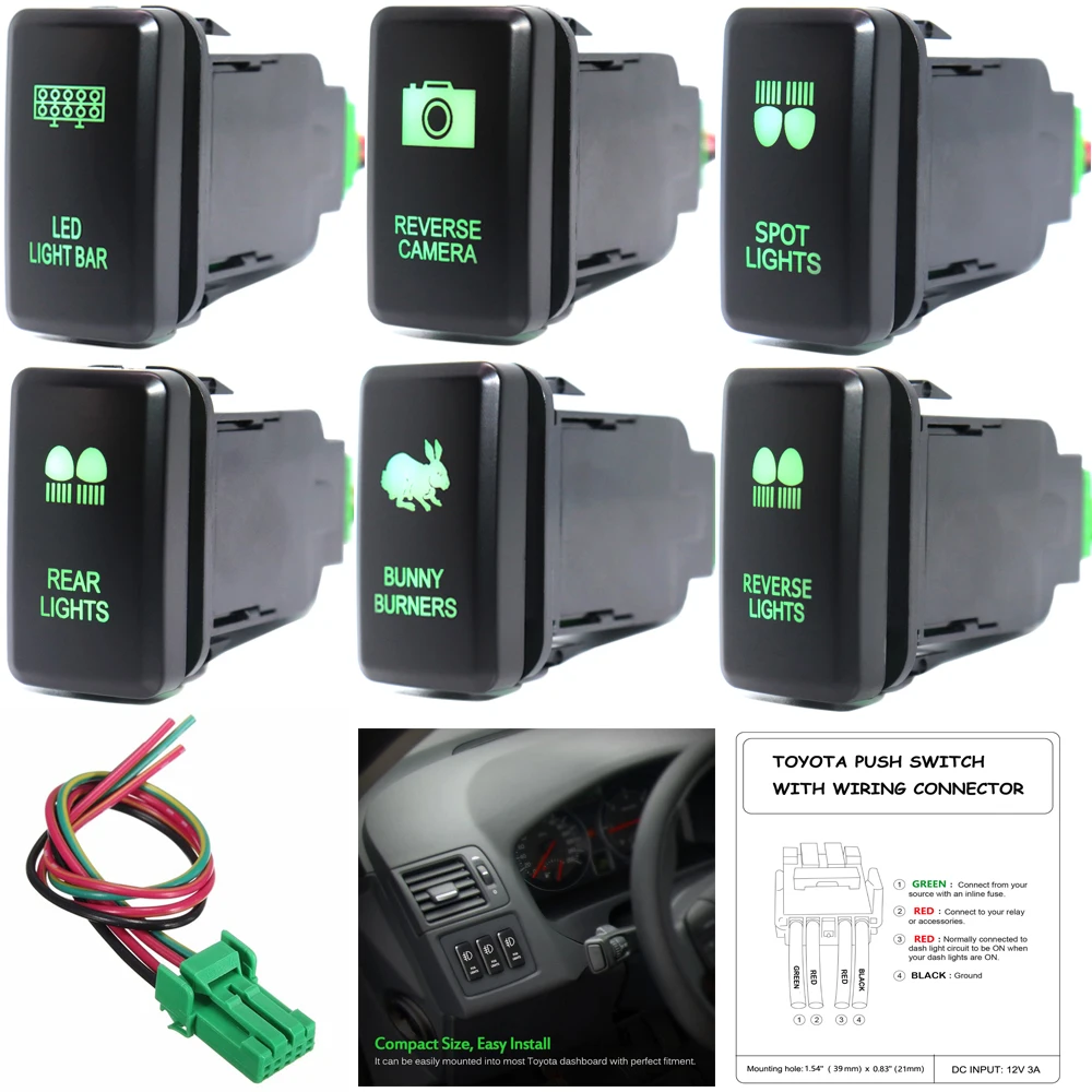 

12v Push Button Switch ON-OFF Switch For Toyota Prado Landcruiser Hilux with Connector Wire,Green LED