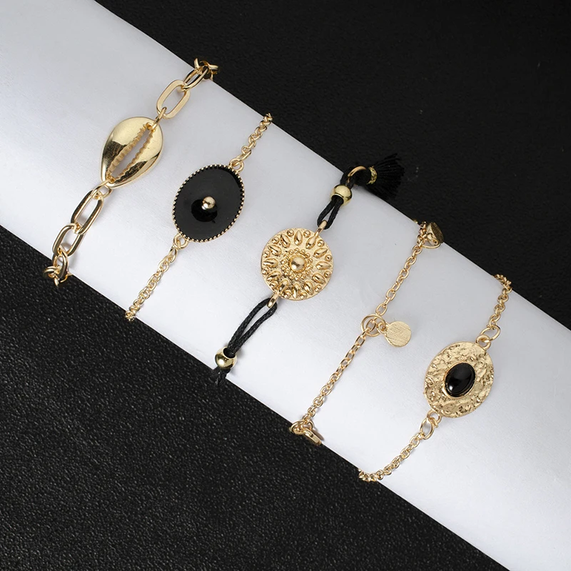 Золотой корпус, тотемный браслет, набор металлических круглых кисточек, браслет на цепочке, ручная работа, плетеные черные веревочные браслеты, женские очаровательные ювелирные изделия, подарок