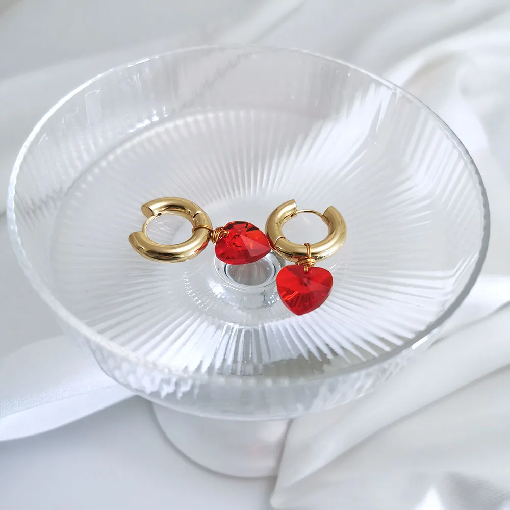 Peri'sBox 2 Colors Glass Love Heart Earrings Flower Chunky Circle Geometric Earrings Butterfly Elegant Minimalist Brass Jewelry - Image 3