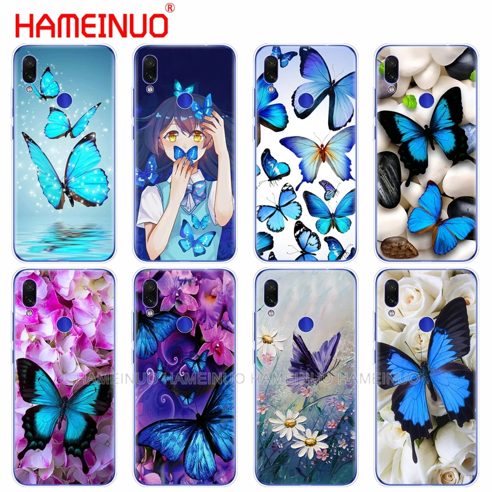 Custodia In Silicone Per Telefono Per Xiaomi Mi 9 Se 9T Pro Cc9 Se A3 Lite Redmi Noet 7 7S Pro 7A Go K20 Pro Y3 Flower Butterfly In Blue