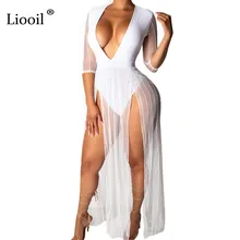 Liooil прозрачное Сетчатое платье макси с разрезом женская одежда с высокой талией размера плюс Клубное платье с v-образным вырезом черные вечерние длинные сексуальные платья
