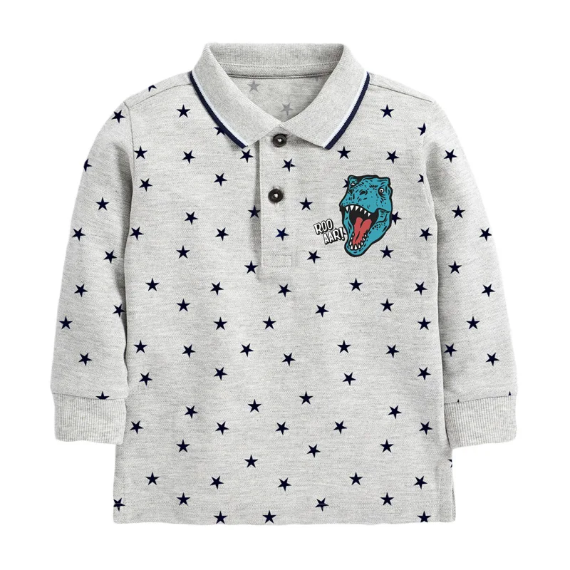 

Little maven Boys T-shirt Autumn Cartoon Fierce Dinosaur Casual Buttons lapel for Long Sleeve Grey POLO Clothes 2-7years