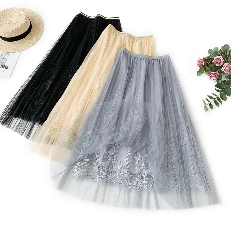

2019 Summer New Arrival Women Korean Style Skirt Polyester Net Yarn Lady Lace Printing Solid Color Free Shipping