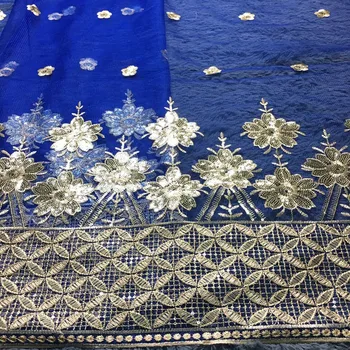 

Hot Sale french lace 5yards/lot cheap african sequins lace fabric Royal Blue high quality african tulle lace fabrics M2285