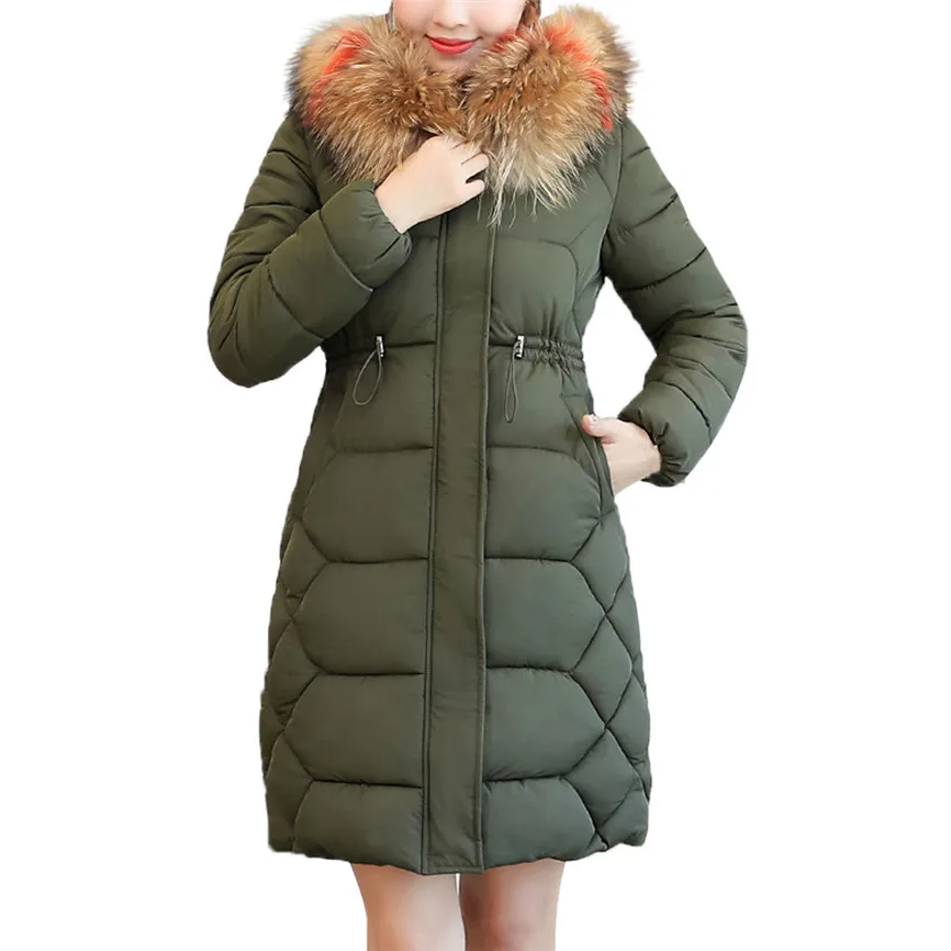 Korean Winter Jackets For Women Hooded Solid Outwear Warm Long Thick Fur Cotton Parka Slim Jacket Coat Winter Coat Women Elegant - Цвет: Army green