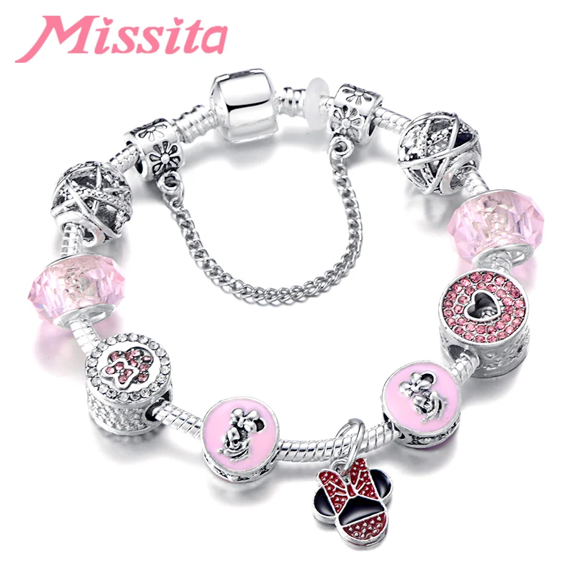 MISSITA Fashion Bracelet for Women Silver Charm Bracelet with Rose Pendant String Decoration Anniversary Gift pulseras mujer - Metal Color: AJ3022