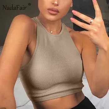 

Nadafair Pure Knitting Summer Crop Top White Casual Stretch Tank Top Women Vest Halter Short Top Festival Black Sleeveless