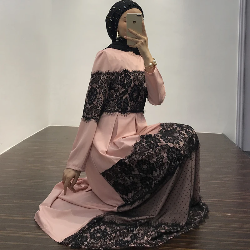 Черное кружево abaya розовый Дубайский мусульманский женское длинное платье Абая для женщин Рамадан кафтан