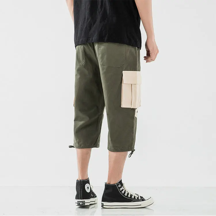 Harajuku Western Style Men Pockets Harem Pants Nice Hip Hop Streetwear Casual Calf-Length Pants Loose Mens Cropped Short Pants